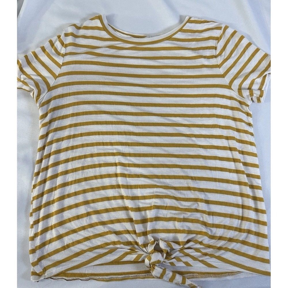 Green Envelope Striped Tie Front Short Sleeve T-Shirt White Yellow XS